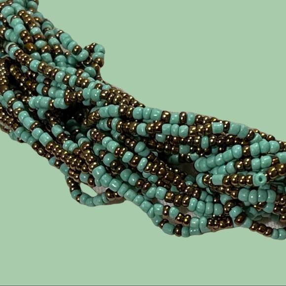 Multi Strand Turquoise Copper Braided Chain Beaded Choker Necklace - Picture 2 of 4